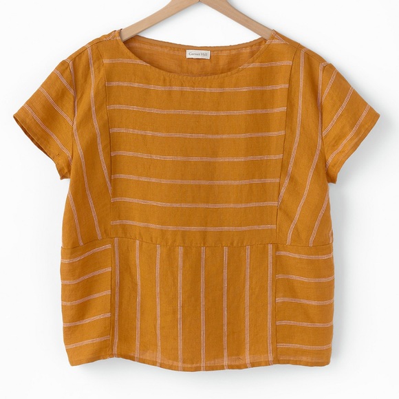 Garnet Hill Mustard Seamed Linen Boxy Top White Stripes - Picture 3 of 10